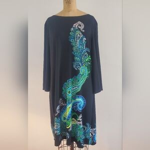 Sandra Darren Women's Midi dress, Black with Colorful Paisley Ornaments, Size 14